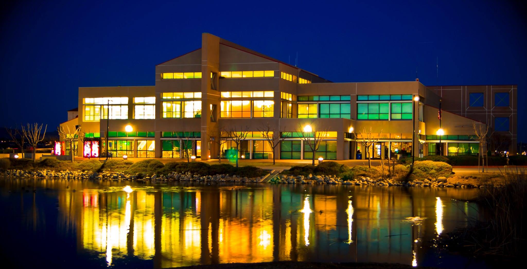 Victor Valley College student union building at night